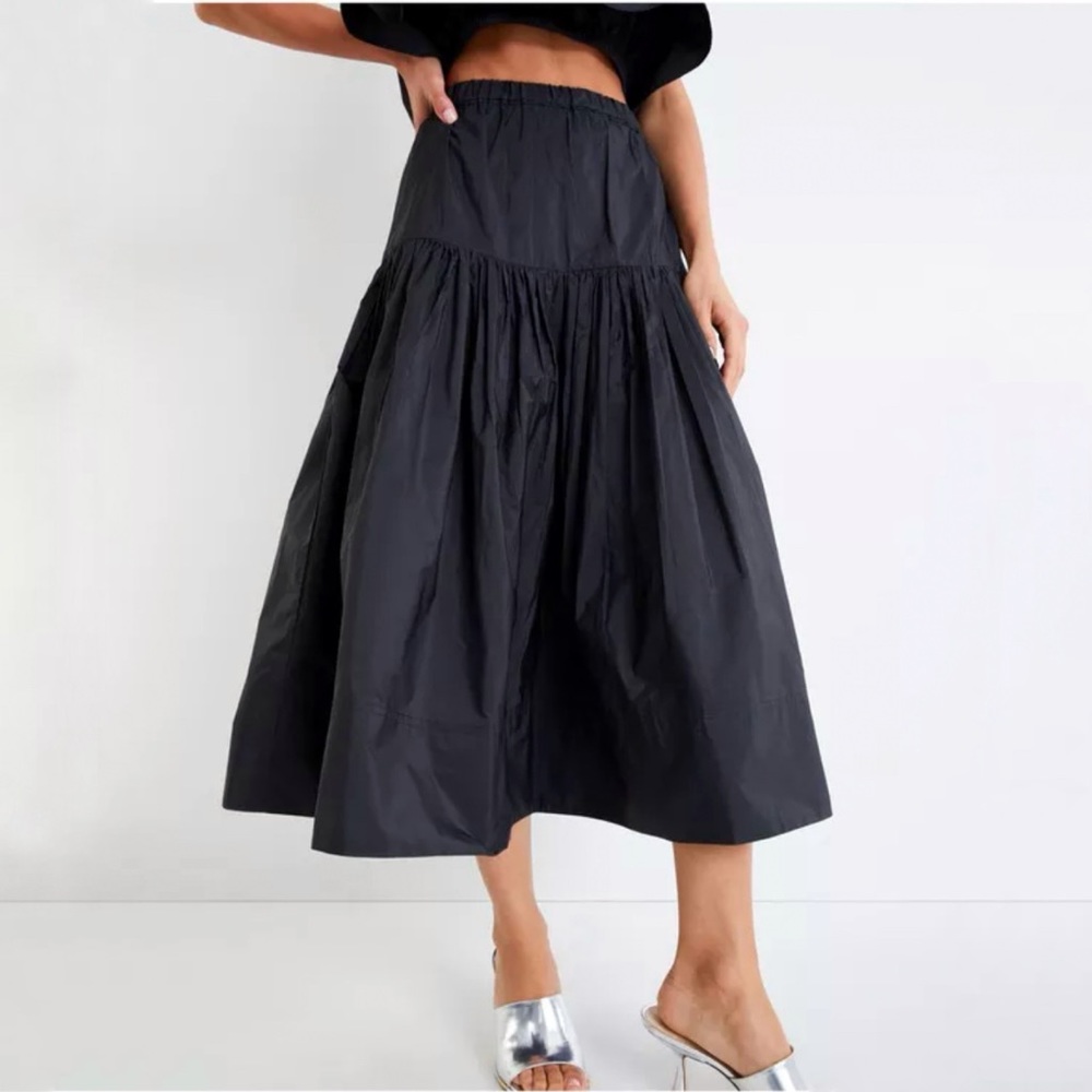 TANYA TAYLOR BLACK TIERED TAFETTA LARA MIDI SKIRT pull on stretchy waist